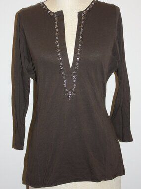 J.CREW BROWN COTTON LONG SLEEVE BEADED DEEP CUT V-NECK SHIRT TOP - MEDIUM 4 6